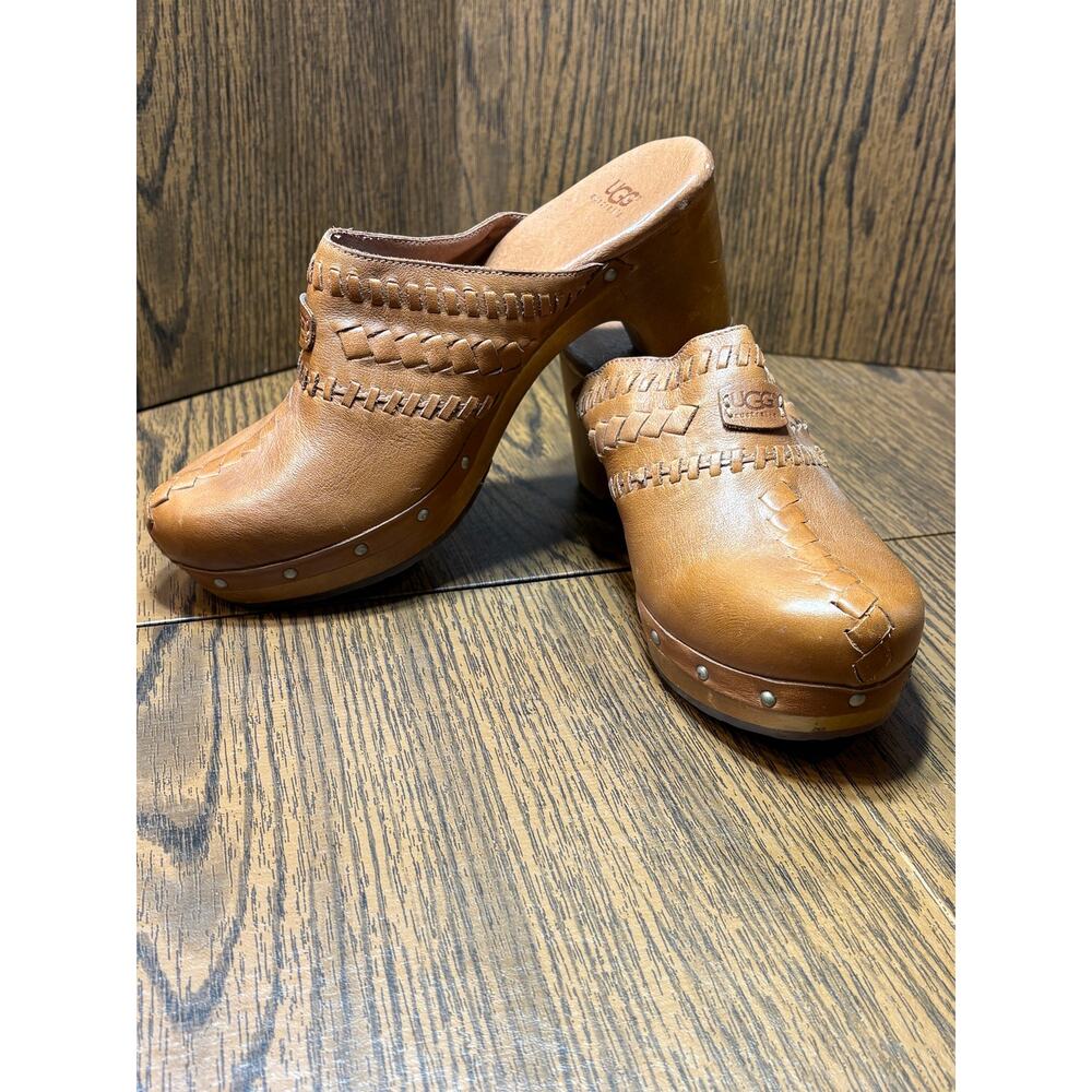 UGG Brown Leather Vivica Clog/Mule Braided Detail Wood Platform Size 7 - Picture 15 of 16